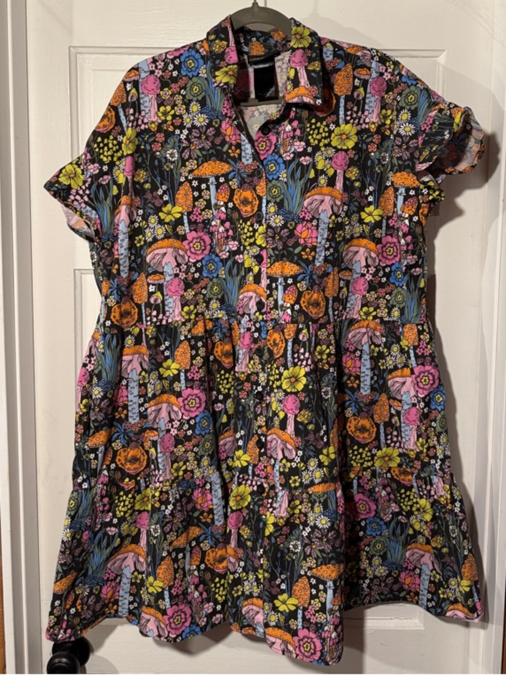 Nooworks Black Floral & Mushroom Print Button-Front Midi Dress